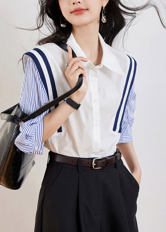 Casual White Peter Pan Collar Striped Patchwork Top Half Sleeve GEM562