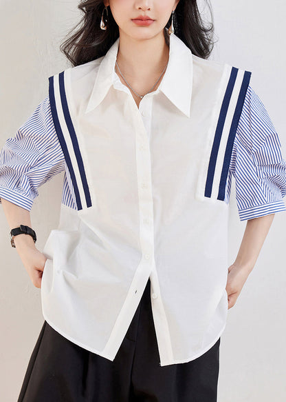 Casual White Peter Pan Collar Striped Patchwork Top Half Sleeve GEM562