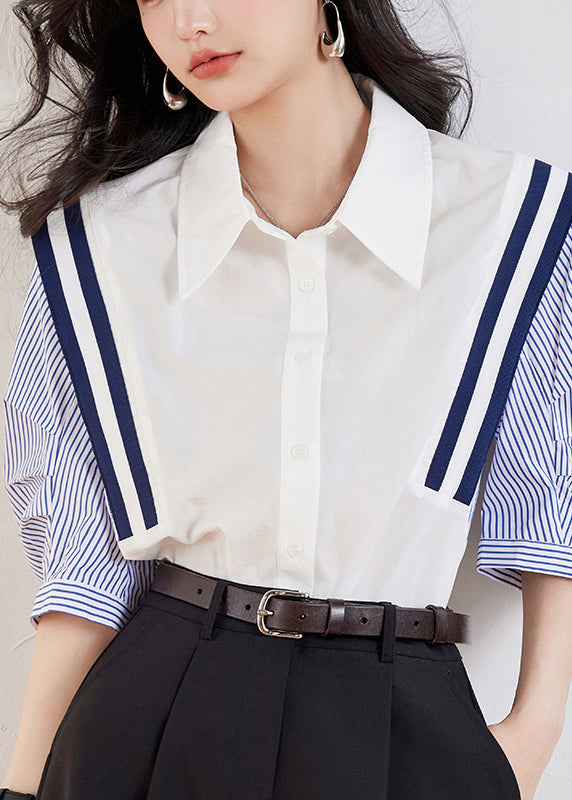 Casual White Peter Pan Collar Striped Patchwork Top Half Sleeve GEM562