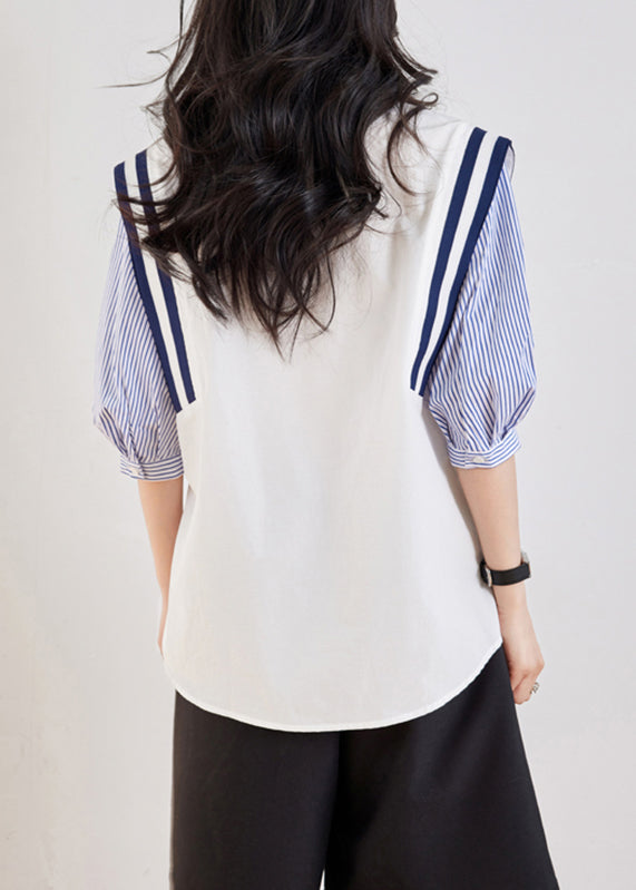 Casual White Peter Pan Collar Striped Patchwork Top Half Sleeve GEM562