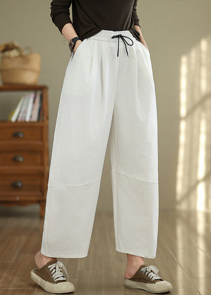 Casual White Pockets Drawstring Cotton Pants Fall QO048