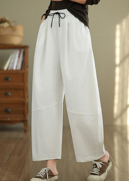 Casual White Pockets Drawstring Cotton Pants Fall QO048