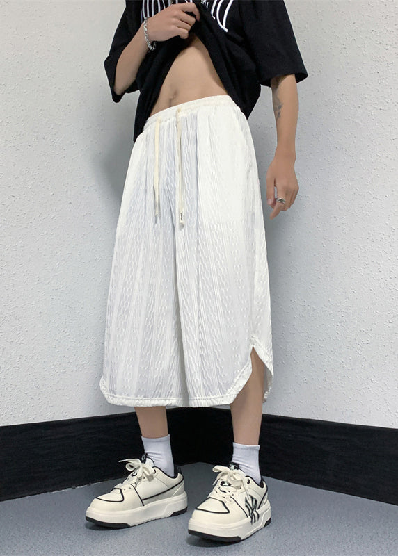 Casual White Pockets Elastic Waist Ice Silk Mens Crop Pants YT019