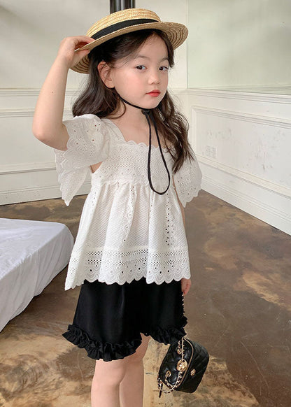 Casual White Square Collar Hollow Out Girls Tops Summer SS1007