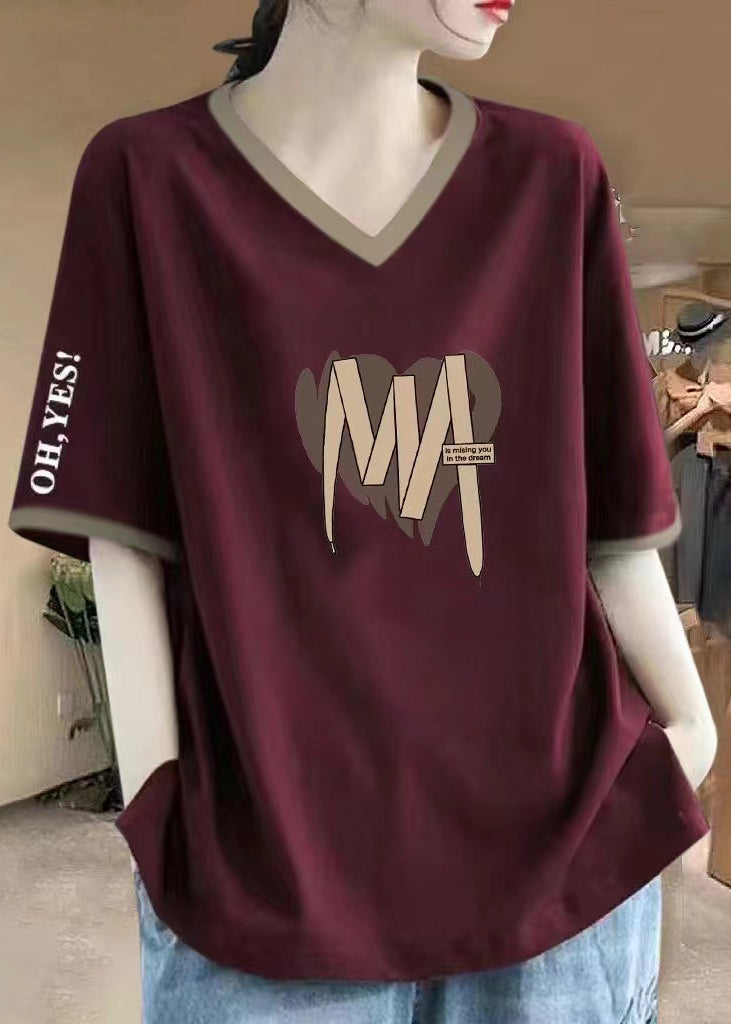 Casual Wine Red V Neck Print Cotton T Shirts Summer BV057