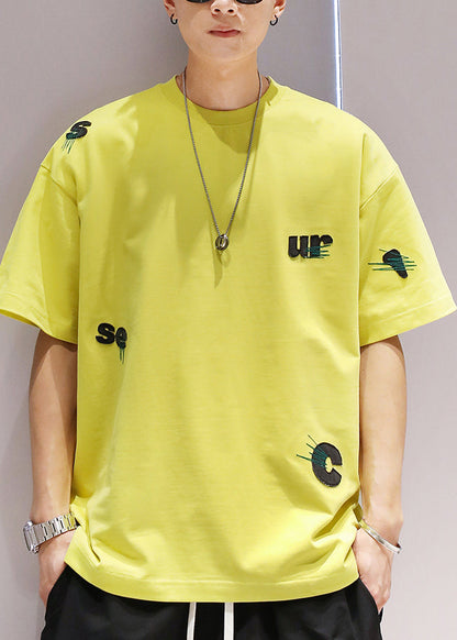 Casual Yellow Embroideried Cotton Oversized T Shirt Men Summer WA016