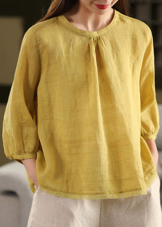 Top O Neck Linen Summer Patchwork Blouse Yellow Casual