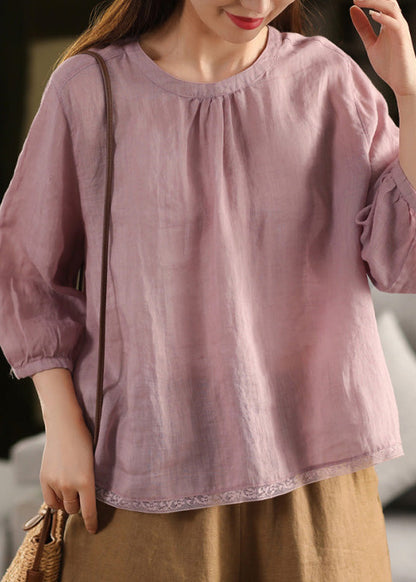 Top O Neck Linen Summer Patchwork Blouse Yellow Casual