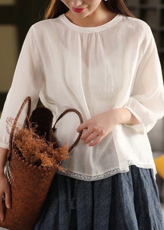 Top O Neck Linen Summer Patchwork Blouse Yellow Casual