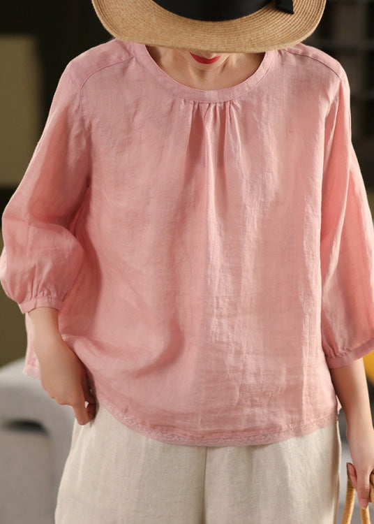 Top O Neck Linen Summer Patchwork Blouse Yellow Casual