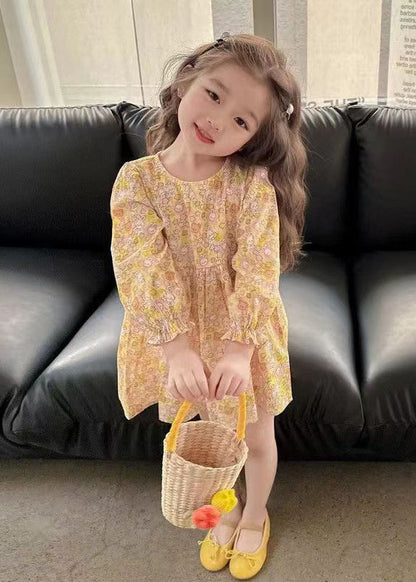 Casual Yellow O-Neck Print Girls Mid Dress Long Sleeve SS1048