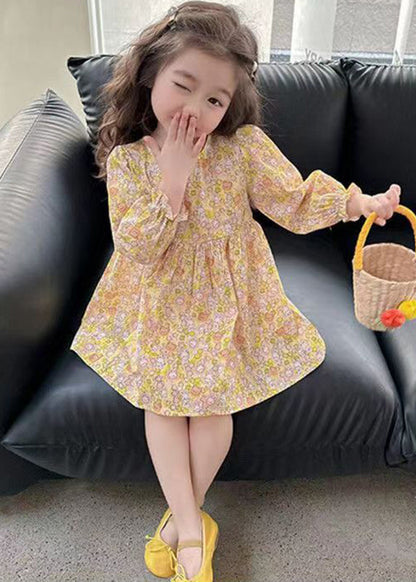 Casual Yellow O-Neck Print Girls Mid Dress Long Sleeve SS1048