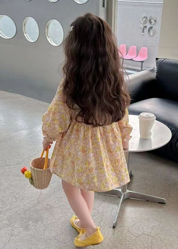 Casual Yellow O-Neck Print Girls Mid Dress Long Sleeve SS1048