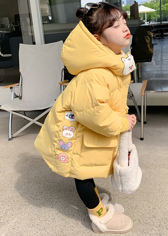 Casual Yellow Print Pockets Girls Hooded Parka Winter WL023