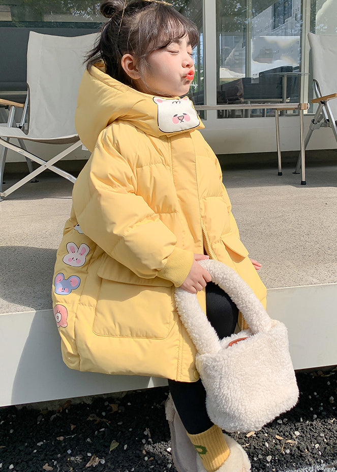 Casual Yellow Print Pockets Girls Hooded Parka Winter WL023