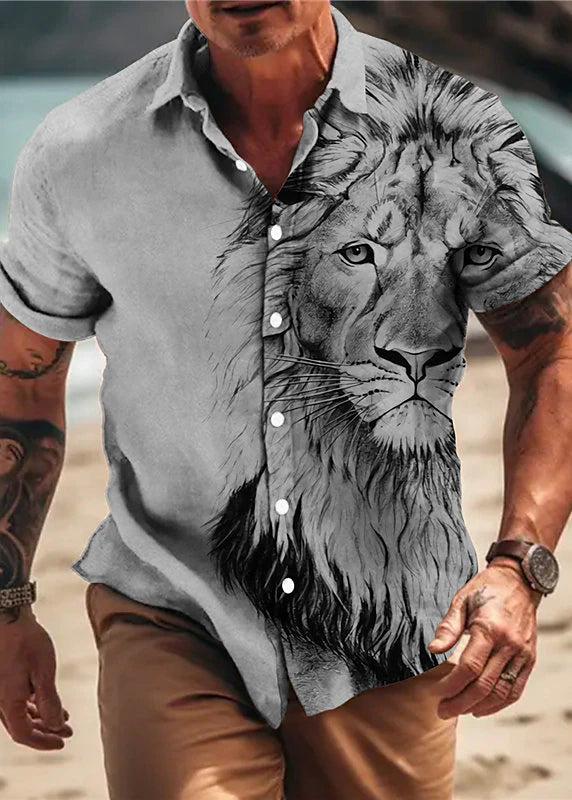 Men Button Cotton Apricot Summer Chic Animal Print Shirts
