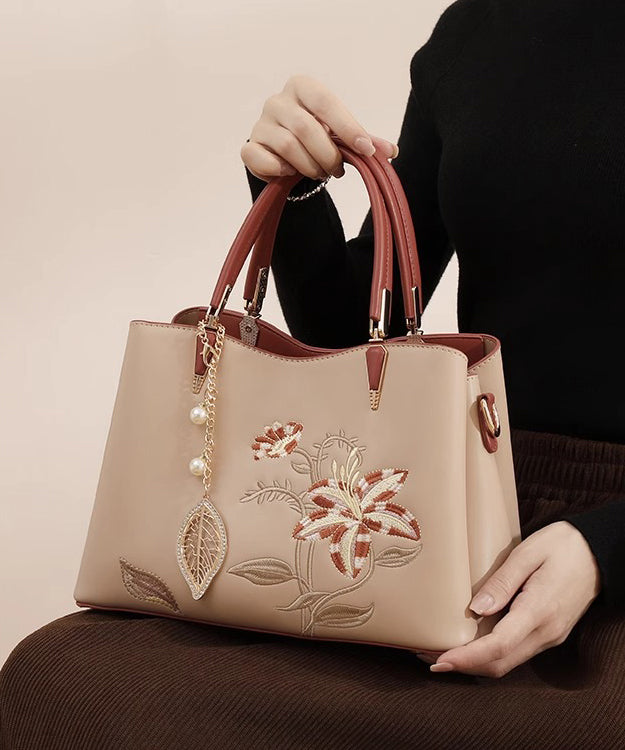 Calf Leather Chic Apricot Tote Bag Embroidery