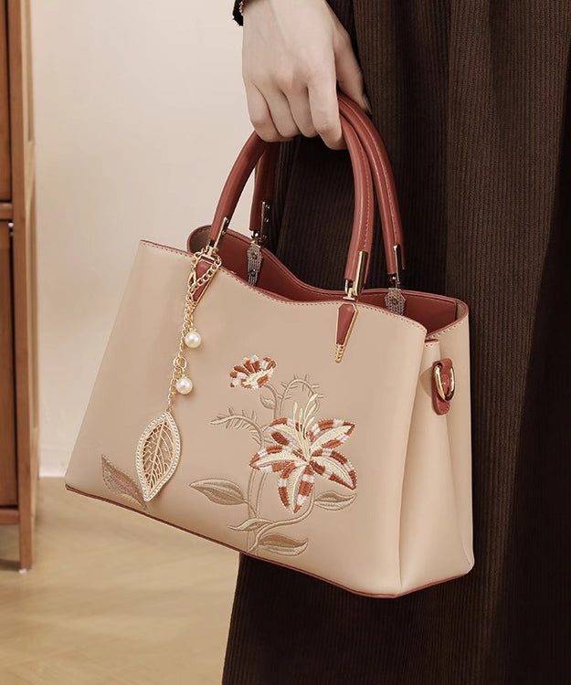 Calf Leather Chic Apricot Tote Bag Embroidery