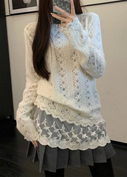 Chic Apricot Hign Neck Lace Patchwork Knit Sweater Winter RF007