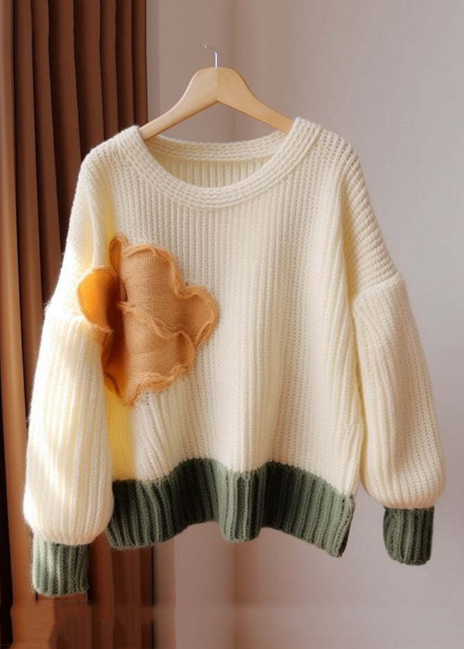 Schicker Apricot O-Ausschnitt Patchwork Strickpullover Herbst QG011