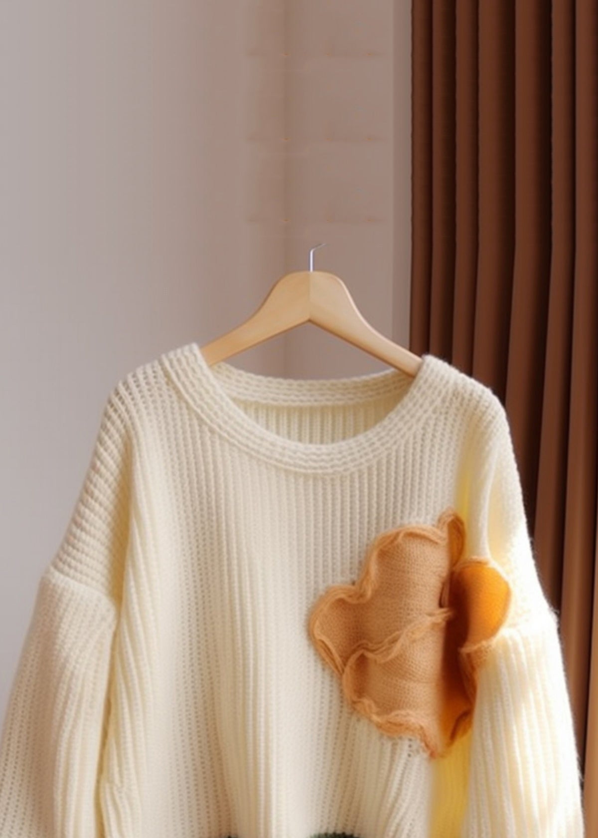 Schicker Apricot O-Ausschnitt Patchwork Strickpullover Herbst QG011