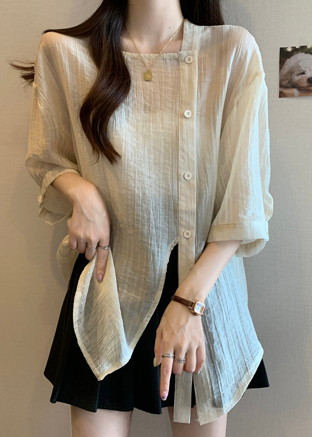 Sleeve Collar Apricot Chiffon Square Bracelet Chic Button Shirt