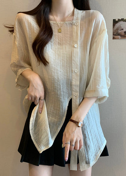 Sleeve Collar Apricot Chiffon Square Bracelet Chic Button Shirt