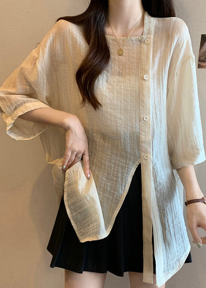 Sleeve Collar Apricot Chiffon Square Bracelet Chic Button Shirt