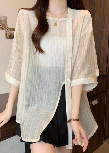 Sleeve Collar Apricot Chiffon Square Bracelet Chic Button Shirt