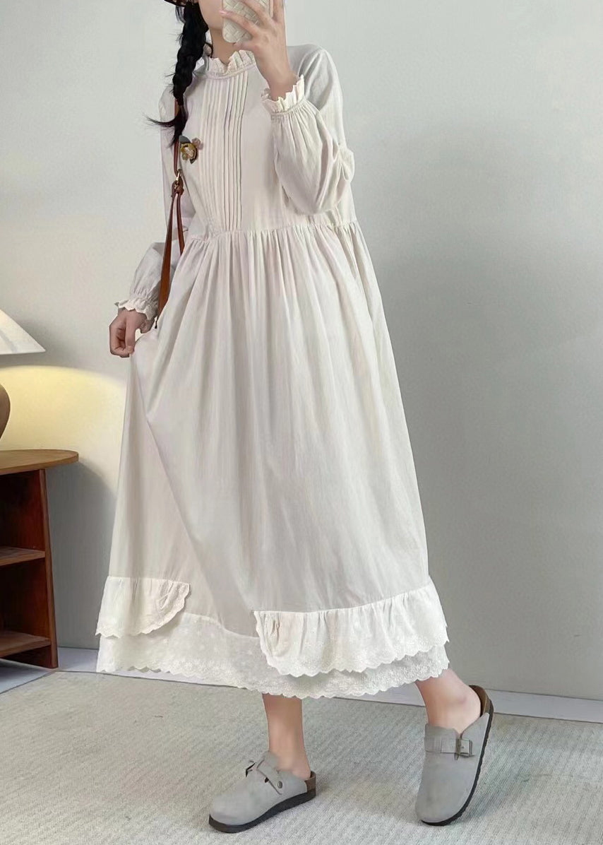 Chic Apricot Stand Collar Ruffled Patchwork Wrinkled Long Dress Long Sleeve BV050