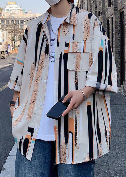 Button Silk Mens Shirt Striped Ice Chic Bracelet Sleeve Apricot