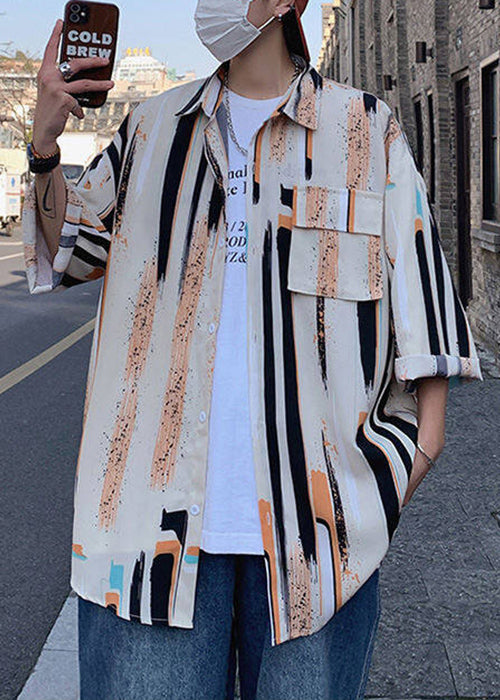 Button Silk Mens Shirt Striped Ice Chic Bracelet Sleeve Apricot