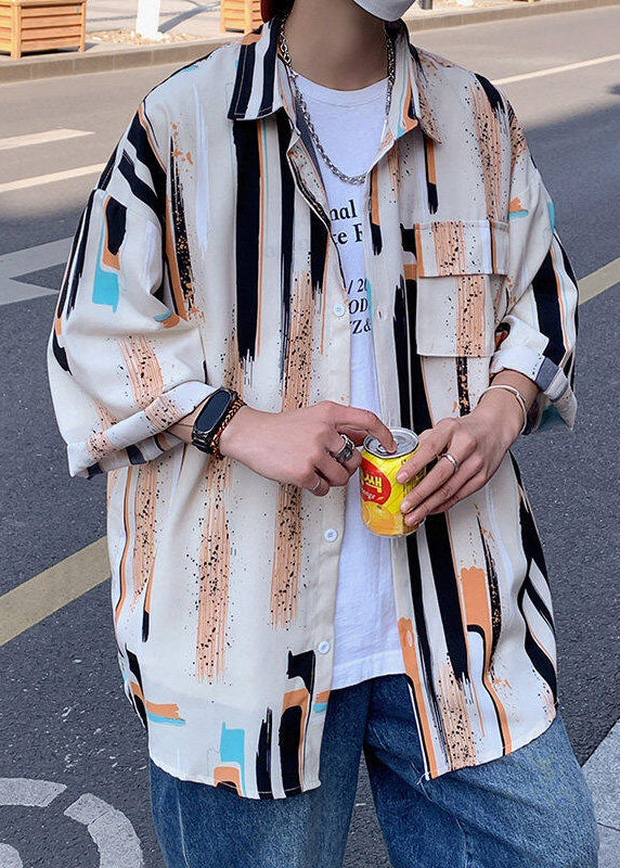 Button Silk Mens Shirt Striped Ice Chic Bracelet Sleeve Apricot