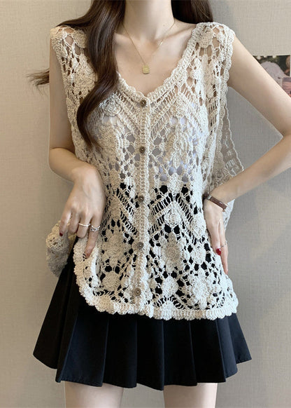 Out V Sleeveless Chic Apricot Vest Neck Hollow Knit