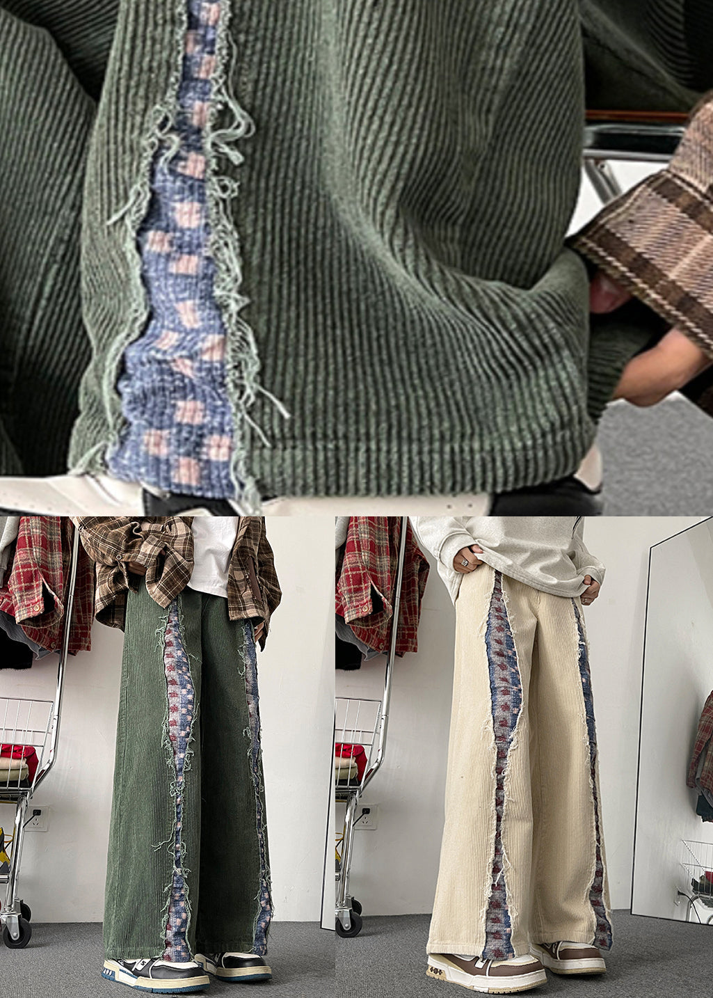 Army Chic Patchwork Pants Original Mens Design Green Corduroy