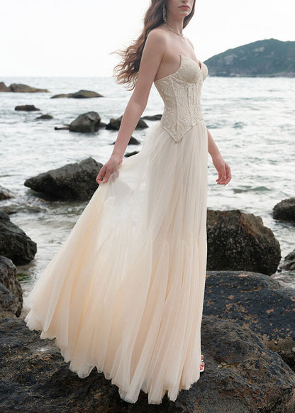 Shoulder Patchwork Beige Chic Cold Dress Party Lace Tulle