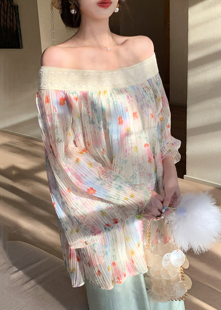 Chiffon Chic Print Beige Fall Wrinkled Embroidered Shirt