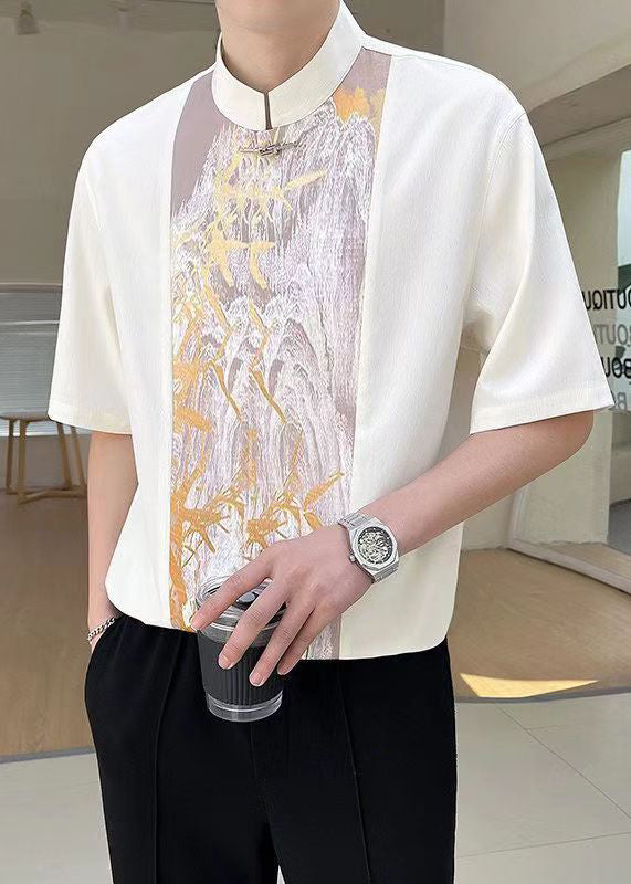 Beige Patchwork Half Stand Men Chic Collar T Shirt Sleeve
