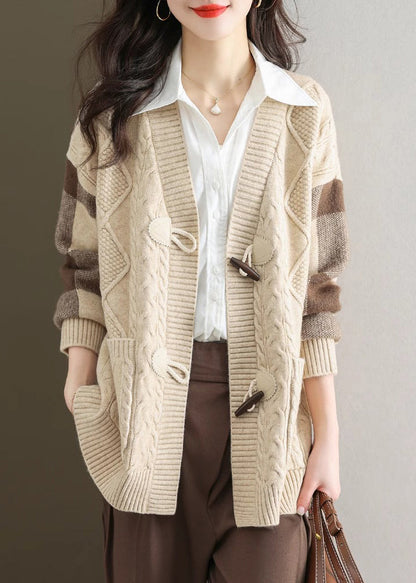 Chic Beige V Neck Button Patchwork Knit Cardigans Fall QS007