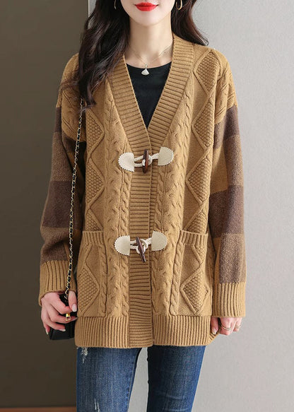 Chic Beige V Neck Button Patchwork Knit Cardigans Fall QS007