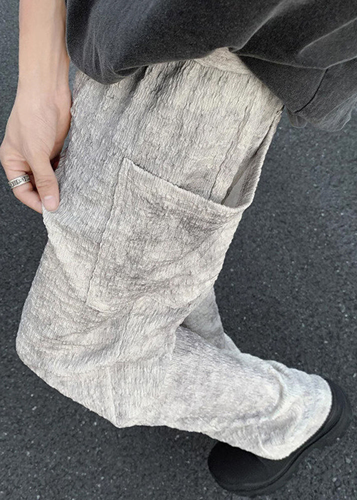 Mens Silk Beige Wrinkled Pants Chic Pockets Ice Summer