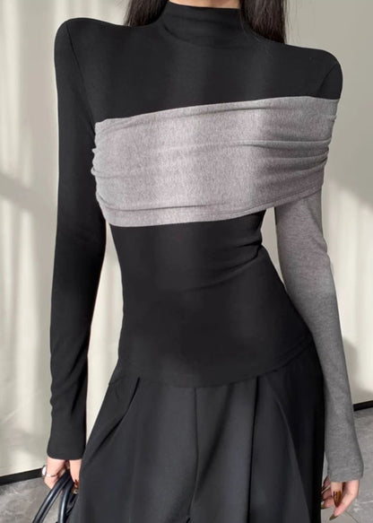 Chic Black Asymmetrical Patchwork Cotton Shirt Spring YP038