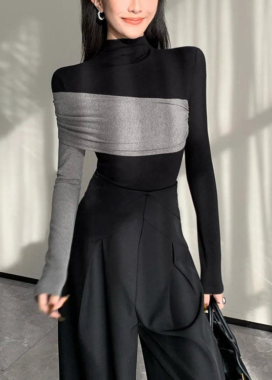 Chic Black Asymmetrical Patchwork Cotton Shirt Spring YP038