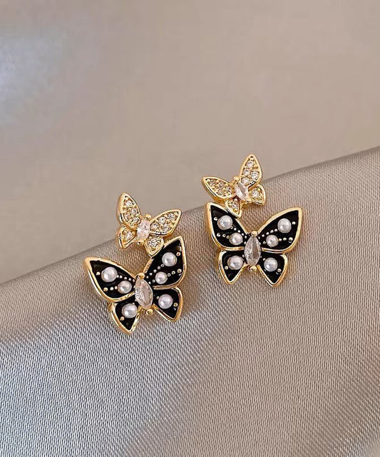 Boucles d'oreilles à tige en alliage de cuivre noir chic avec perles en verre émaillé et zircon WH042