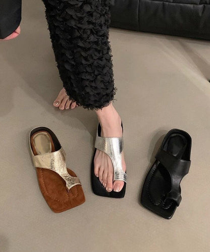 Faux Thong Sandals Chunky Chic Leather Black Splicing