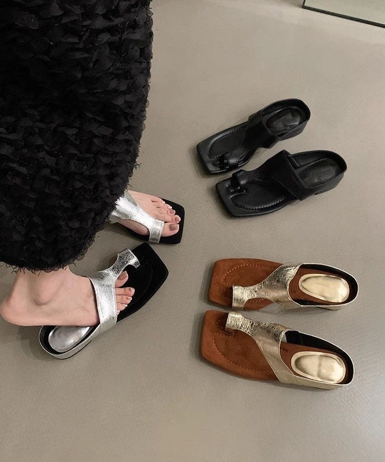 Faux Thong Sandals Chunky Chic Leather Black Splicing