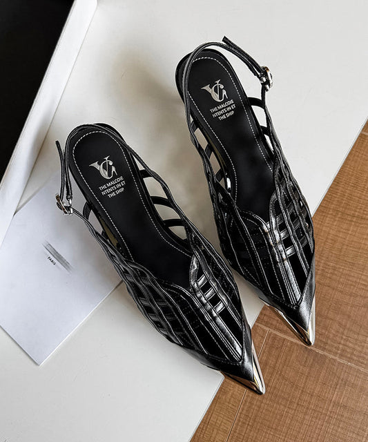 Sandals Black Out Leather Splicing Cowhide Hollow Heel High Chic