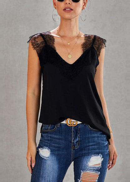 Summer Vests Black Patchwork Chic Lace