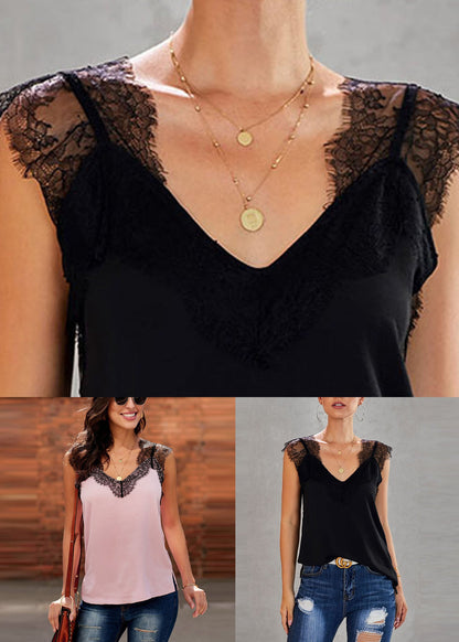 Summer Vests Black Patchwork Chic Lace