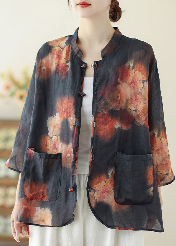 Chic Black Mandarin Collar Print Linen Tops Spring TM033